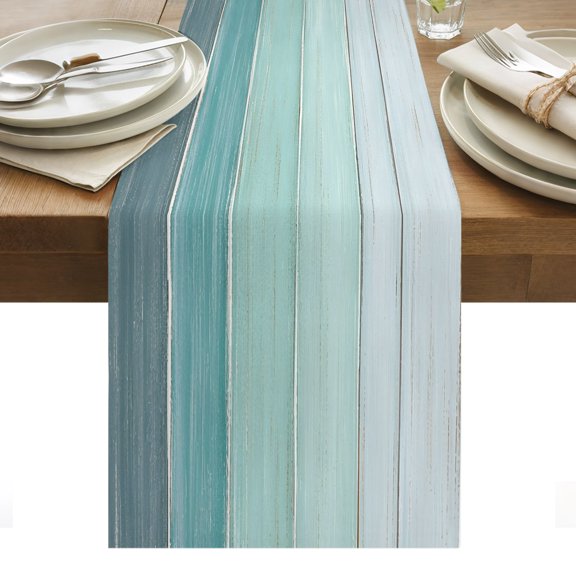 Turquoise Ombre Table Runner, Gray Teal Wood Grain Stripes Rustic Country Washable Kitchen Table Runners Dress Scarves for Dining Table Decorations Party/Restaurant/Indoor Outdoor Use, 13x90in