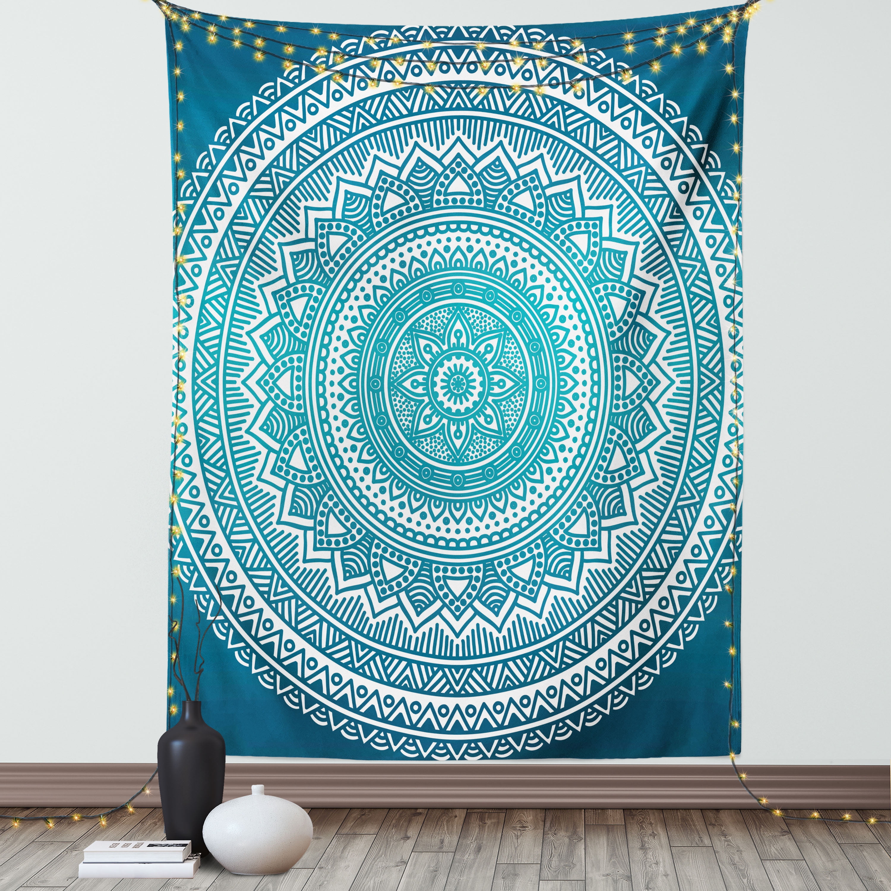 Turquoise Ombre Tapestry Mandala Medallion Starry Design with Flower in Middle Ethnic Ethnic Art Wall Hanging for Bedroom Living Room Dorm Decor