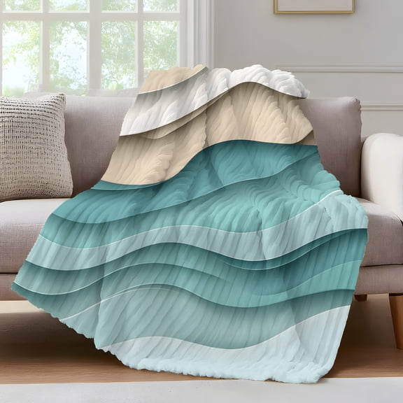 Turquoise Ombre Throw Blanket for Couch Abstract Stripe Ocean Wave Geometric Modern Art Soft and Warm Flannel 3D Striped Fluffy Fuzzy Fleece Blanket Lightweight Throw for Bed, Sofa 30 x 40 Inches