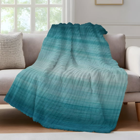 Turquoise Ombre Throw Blanket for Couch Modern Abstract Art Gradient Soft and Warm Flannel 3D Striped Fluffy Fuzzy Fleece Blanket Lightweight Throw for Bed, Sofa 30 x 40 Inches