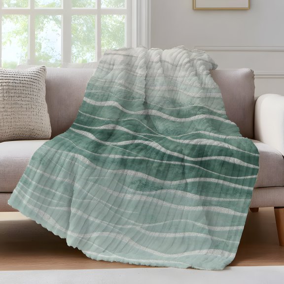 Turquoise Ombre Throw Blanket for Couch Moire Modern Abstract Art Soft and Warm Flannel 3D Striped Fluffy Fuzzy Fleece Blanket Lightweight Throw for Bed, Sofa 30 x 40 Inches