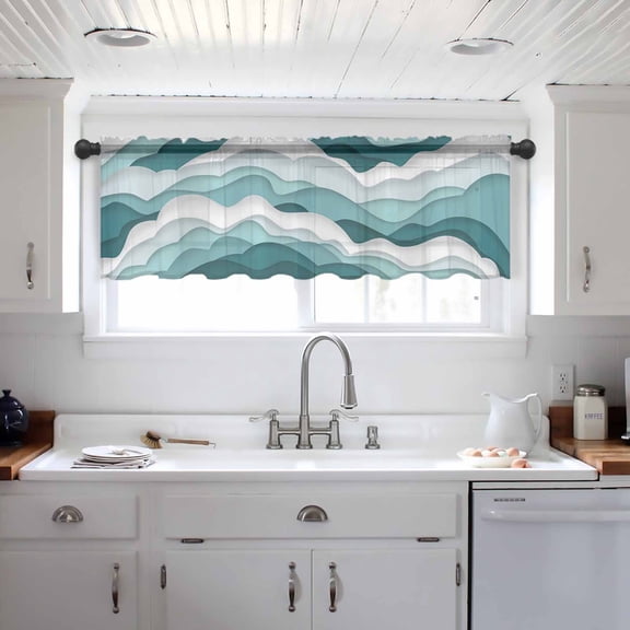 Turquoise Ombre Valance Curtains for Kitchen/Living Room/Bathroom/Bedroom Window, Modern Geometric Moire Abstract Art Rod Pocket Small Topper Half Short Window Curtains Voile Sheer Scarf 42"x12"
