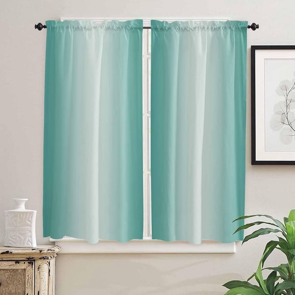 Turquoise Ombre Window Curtains 63 Inch Length, Farmhouse Teal Color Gradient Rod Pocket Kitchen Window Treatments Drapes for Bedroom, Cafe, Living Room, 2 Panels, 42 W x 63 L