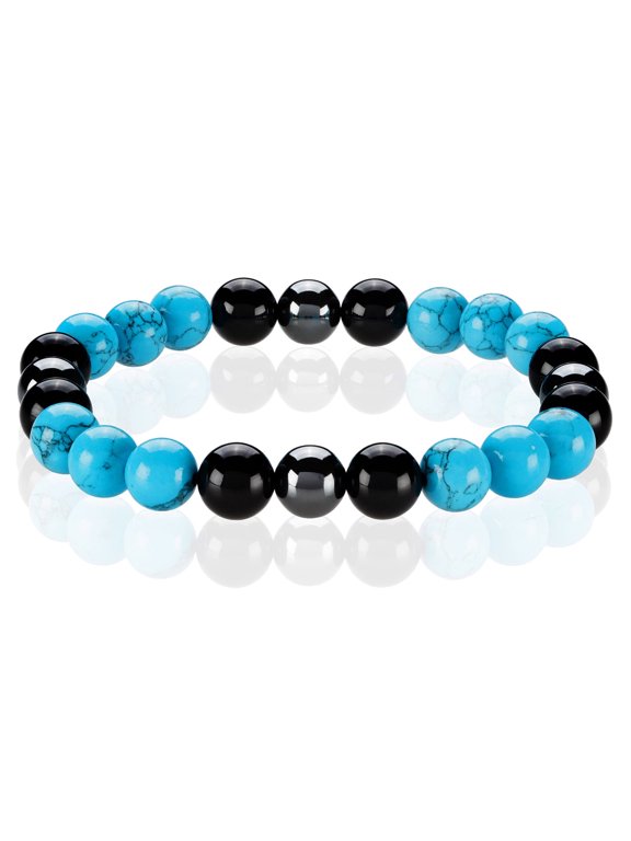 Men's Turquoise, Onyx and Hematite Stone Bead Stretch Bracelet