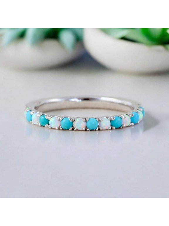 Turquoise Opal Eternity Band ,Natural Opal ring for women , Custom Gemstone Ring, Sterling Silver Band Ring, Turquoise Stacking Wedding Ring