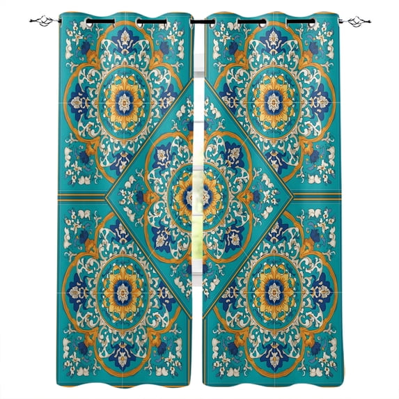 Turquoise Orange Boho Blackout Curtains for Bedroom/Living Room, Thermal Insulated Kitchen Curtains, Vintage Bohemia Flower Geometric Grommet Darkening Window Treatment Drapes 27.5"x39"x2