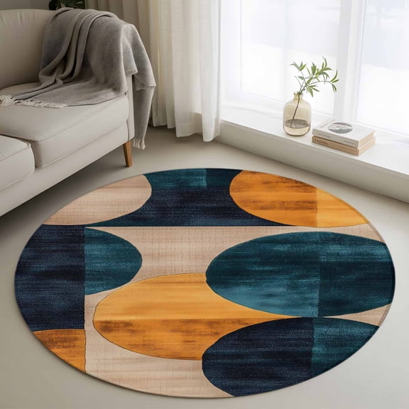 Turquoise Orange Geo Round Rug 3ft Washable Circle Entryway Rugs Non Slip Circle Modern Artwork Area Rug Indoor Floor Carpet for Bedroom Kitchen Living Room Home Office Dining Room Nursery