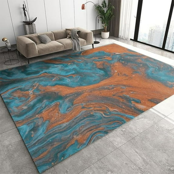 Turquoise And Orange Paint Painting Area Rug, Abstract Brown Quicksand Easy Clean Rug, Soft Non-Skid Carpet Throw Rug For Kids Teen Girls Boys Bedroom Living Room Bathroom 5x8ft