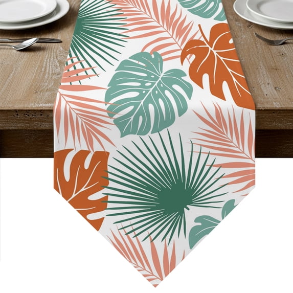 Turquoise Orange Palm Leaves Table Runner Linen Burlap Table Runner 90 Inches Long Tropical Botanical Summer Dresser Scarves for Kitchen Island Coffee Dining Room Party Wedding Holiday Decor 13"x90"