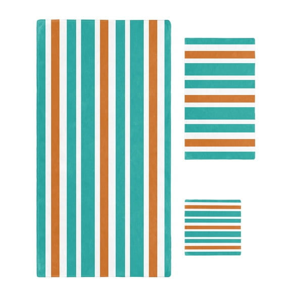 Turquoise Orange Striped Bath Towels for Bathroom Set,Luxury Microfiber Towels Gifts for Women,Beach Kitchen Hand Hair Face Towel and Dish Washcloth,Modern White Abstract Art Aesthetics Towels+Set