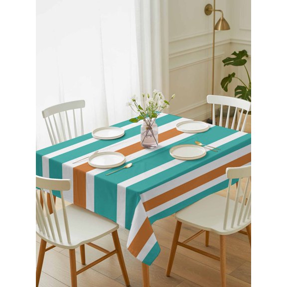 Turquoise Orange Striped Tablecloth Rectangle Table Cloth 60x102, Waterproof Tablecloth Outdoor Table Cloth, Modern White Abstract Art Aesthetics Washable Table Cover for Kitchen Dinning Party