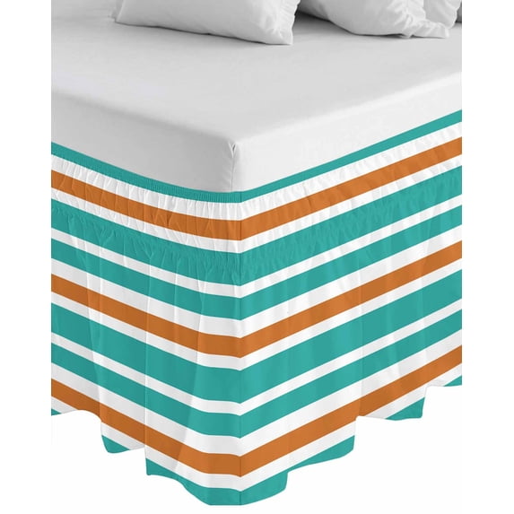 Turquoise Orange Striped Wrap Around Bed Skirts for Queen Bed 18" Drop,Bed Skirt with Adjustable Elastic Belt Dust Ruffle Bed Valance for Bedroom Modern White Abstract Art Aesthetics Bed Frame Cover