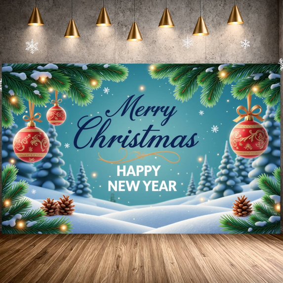 Turquoise Ornament Christmas Banner Gold Pattern Xmas Display Snowflake Design Pine Branch Holiday Backdrop for Christmas Party Family Reunion Home Decoration