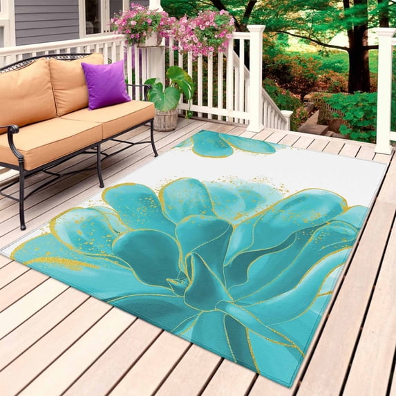 Turquoise Outdoor Rug for Patio/Deck/Porch, Non-Slip Large Area Rug 5 x 7 Ft, Modern Gold Solid Tie Dye Watercolor Floral Indoor Outdoor Rugs Washable Area Rugs, Reversible Camping Rug Carpet Runner