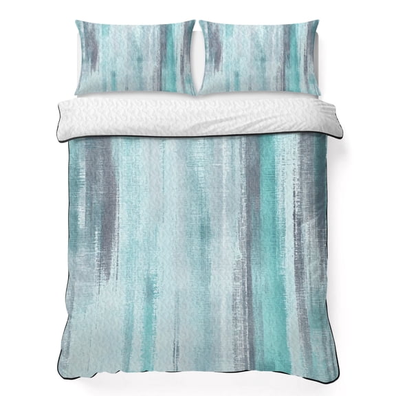 Turquoise Paint 3 Piece Quilt Bedding Set with 2 Pillow Shams, Modern Abstract Teal Stripes Lightweight Bedspread Coverlet, Soft Breathable All Season Quilt, 79 x 90 Inch