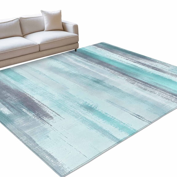 Turquoise Paint 5x7ft Non Slip Area Rug Modern Abstract Teal Stripes Washable Soft Area Rugs for Living Room, Indoor Circle Carpet for Bedroom Dining Room Kitchen