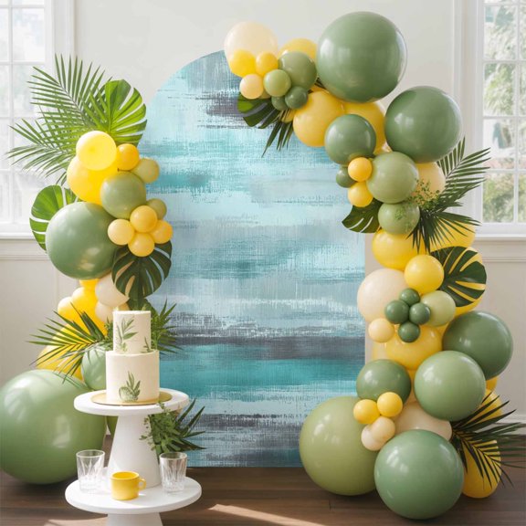 Turquoise Paint Arch Backdrop Cover, 4FT, Watercolor Abstract Aqua Grey Stripes Spandex Arch Covers Double-Sided Backdrop for Wedding Birthday Party Photo Background Decoration