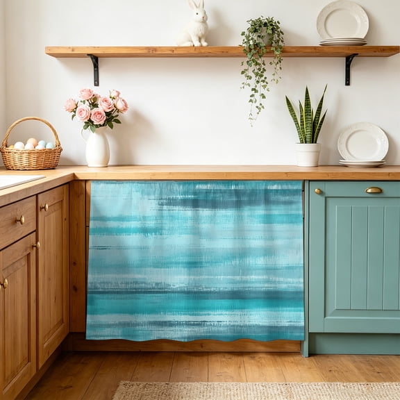 Turquoise Paint Cabinet Curtains 10" W x 11" L, Watercolor Abstract Aqua Stripes Under-Desk Privacy Dust Proof Drape Dishwasher Curtain Sink Skirt for Kitchen Closet Bathroom Laundry