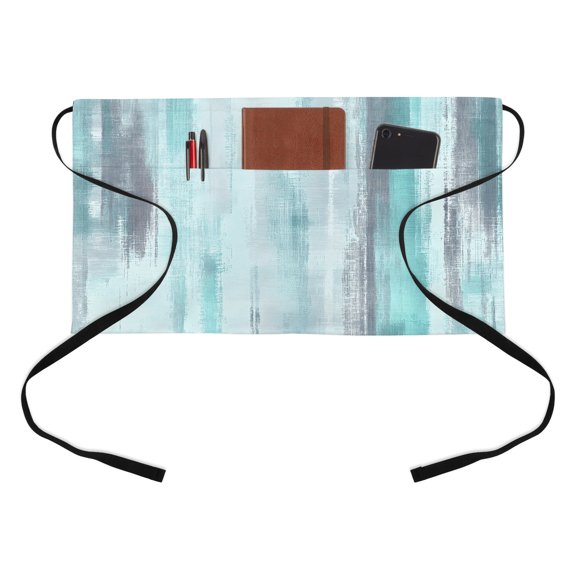Turquoise Paint Kitchen Restaurant Half Waist Apron, Modern Abstract Teal Stripes Server Short Apron with 3 Pockets Waterproof Oil Waist Aprons for Women Waitress Waiter