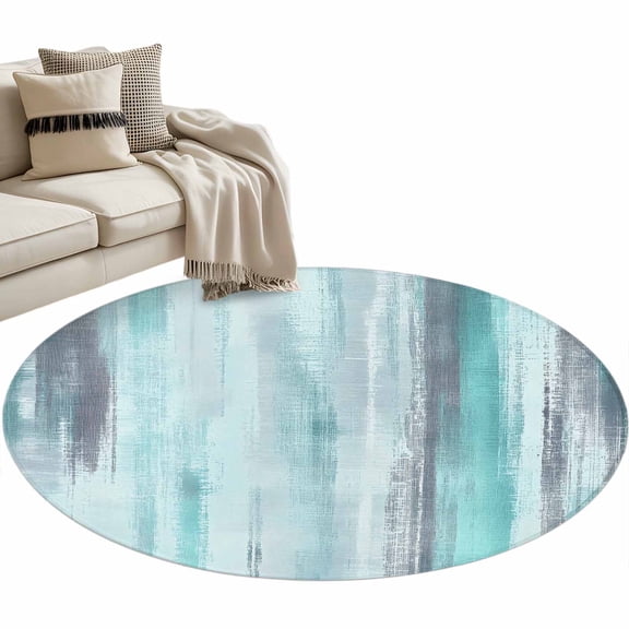 Turquoise Paint Round Living Room Rugs 4 ft, Modern Abstract Teal Stripes Washable Area Rug with Non-Slip Sturdy Edge Binding Round Carpet for Entryway Kitchen Bedroom Bathroom