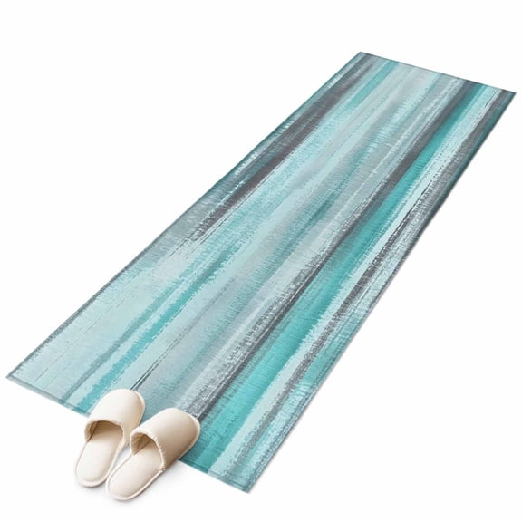Turquoise Paint Washable Runner Rugs 2'x6', Watercolor Abstract Aqua Grey Stripes Low Pile Throw Entryway Rug Non-Slip Sturdy Edge Binding Carpet for Indoor Bedside Entrance Bedside