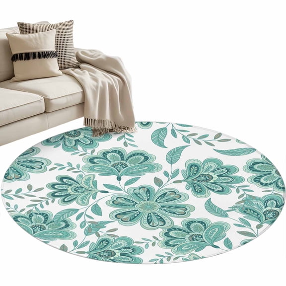 Turquoise Paisley Floral Large Area Rugs for Bedroom Living Room, Soft Non Slip Carpet Bedside Rug, Boho Vintage Ethnic Flowers Round Floor Cover Kitchen Accent Rug 3' for Dining Room/Office