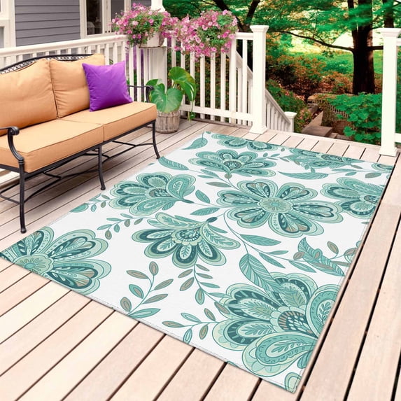 Turquoise Paisley Floral Outdoor Rug for Patio/Deck/Porch, Non-Slip Large Area Rug 6 x 9 Ft, Boho Vintage Ethnic Flowers Indoor Outdoor Rugs Washable Area Rugs, Reversible Camping Rug Carpet Runner