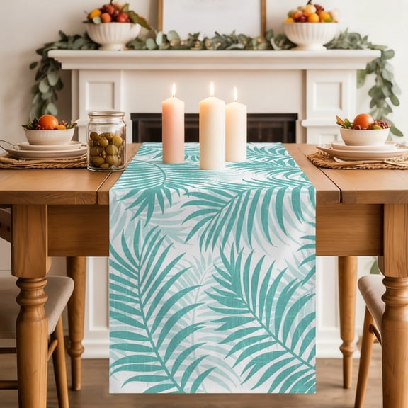 Turquoise Palm Leaves Dining Table Runner, Summer Botanical Tropical Plant Rustic Washable Table Runners Kitchen Coffee Table Center Decor for Home Party Holiday Wedding 13 x 48 Inches