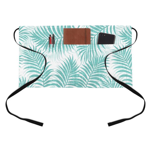 Turquoise Palm Leaves Kitchen Restaurant Half Waist Apron, Summer Botanical Tropical Plant Rustic Server Short Apron with 3 Pockets Waterproof Oil Waist Aprons for Women Waitress Waiter