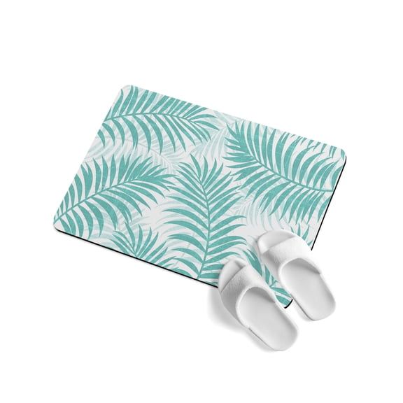 Turquoise Palm Leaves Soft Diatomaceous Earth Mat, Summer Botanical Tropical Plant Rustic Absorbent Bath Mat Non Slip Rubber Backed Quick Dry Doormat Fit Under Door for Bathroom Kitchen 16"x24"