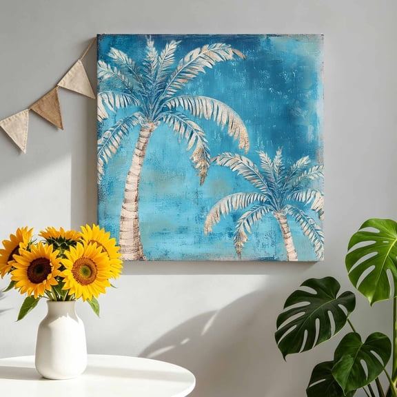 Turquoise Palm Tree Canvas Wall Art, Tropical Plant Summer Abstract Pictures Wall Decor Wooden Framed Artwork Art Prints for Living Room Hallway Bedroom Office 10"x10"