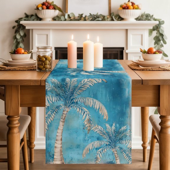 Turquoise Palm Tree Dining Table Runner, Tropical Plant Summer Abstract Washable Table Runners Kitchen Coffee Table Center Decor for Home Party Holiday Wedding 13 x 60 Inches