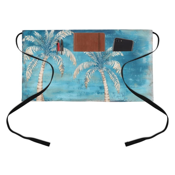 Turquoise Palm Tree Kitchen Restaurant Half Waist Apron, Tropical Plant Summer Abstract Server Short Apron with 3 Pockets Waterproof Oil Waist Aprons for Women Waitress Waiter