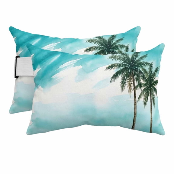 Turquoise Palm Tree Outdoor Pillows for Chaise Lounge Chair Beach Headrest Pillow Set of 2 Waterproof Lumbar Pillows with Insert&Adjustable Elastic Strap Summer Tropical Botanical Pool Pillow 12"x20"