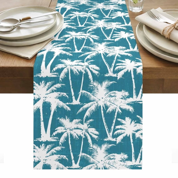 Turquoise Palm Tree Summer Table Runner Beach Tropical Coastal Tablerunners 13 x 36 Inch, Table Decorations Tabletop Scarf for Summer Gathering Holiday Farmhouse Kitchen Dining Decor