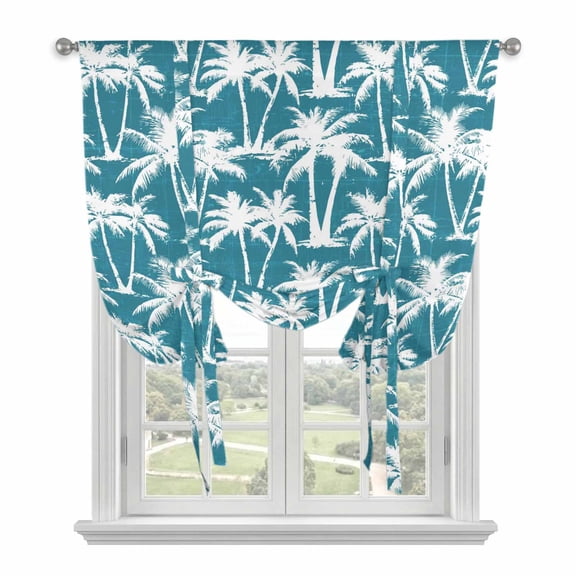 Turquoise Palm Tree Summer Tie Up Curtains for Small Windows,Adjustable Rod Pocket Valance 45 Inch Short, Beach Tropical Coastal Window Treatment Balloon Roman Blind Shade, 34" x 45"