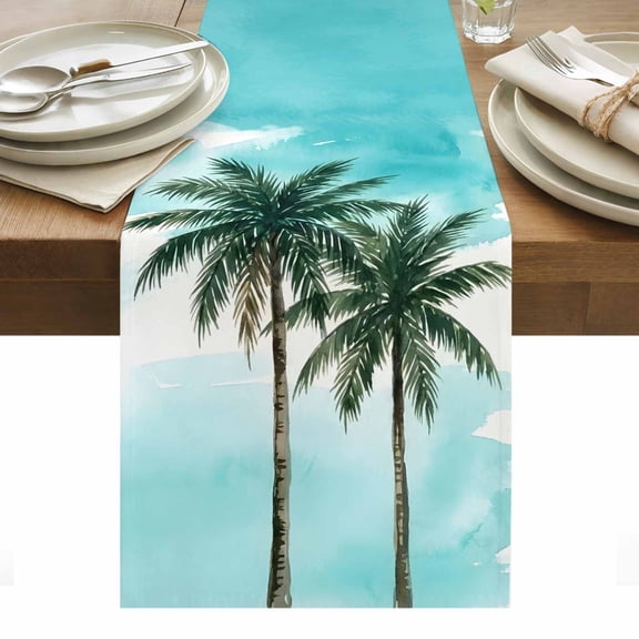 Turquoise Palm Tree Table Runner Summer Tropical Botanical Tablerunners 13 x 36 Inch, Table Decorations Tabletop Scarf for Summer Gathering Holiday Farmhouse Kitchen Dining Decor