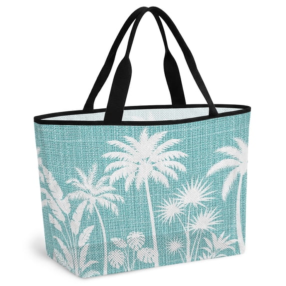 Turquoise Palm Trees Beach Bag for Women, Large Breathable Mesh Beach Tote Bag, Tropical Retro Summer Botanical Sandproof Lightweight Travel Bags for Vacation Picnic Swimming Pool 15.7"x15.7"x9.1"