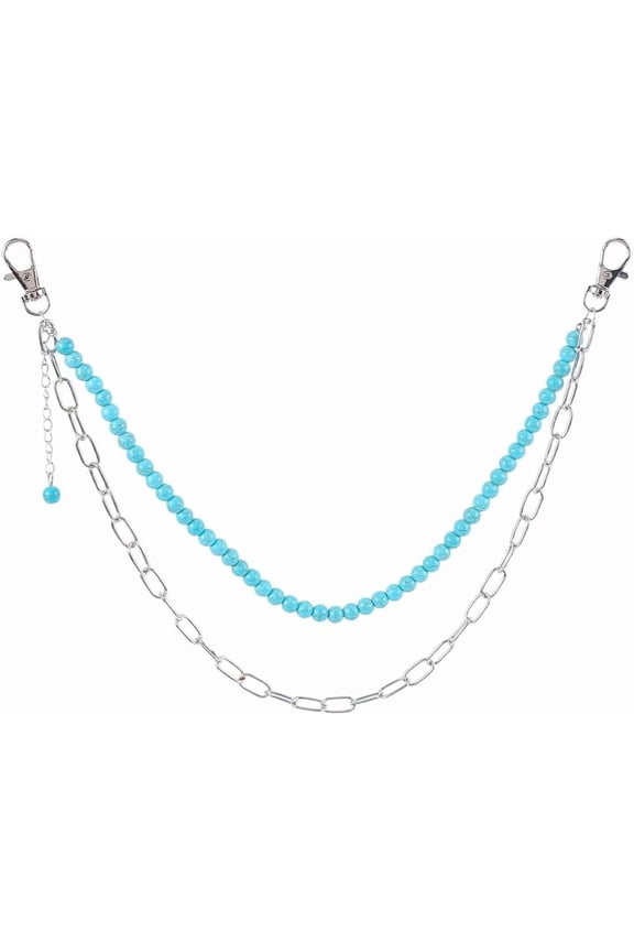 Turquoise Pants Chain 17.4 Inch Alloy Turquoise Round Beaded Trousers Wallet Chain Keychain Hip Hop 2 Layer Jeans Pocket Accessories
