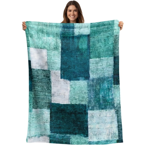 Turquoise Patchwork Blanket Soft Cozy Warm Throw Blanket for Couch, Plush Fuzzy Flannel Blankets for Sofa, Modern Simple Abstract Geometric Boho Bed Blankets Lightweight Gifts for Women, 40"x50"