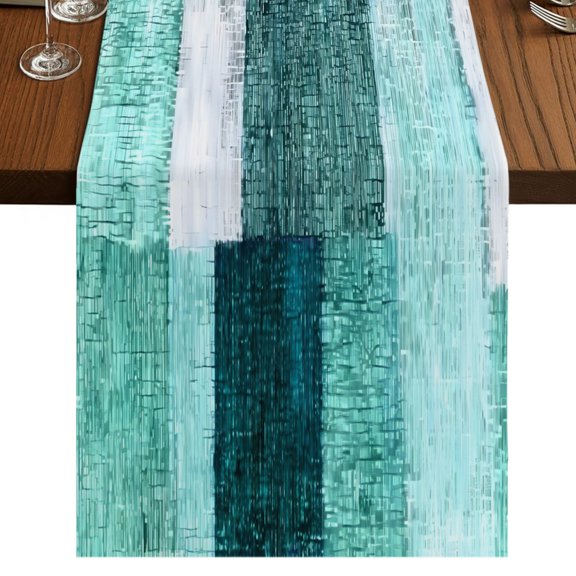 Turquoise Patchwork Burlap Cotton Table Runner 13x90 Inches Long, Modern Simple Abstract Geometric Boho Farmhouse Table Runners, Outdoor Dining Table Decor for Baby Shower/Party/Wedding