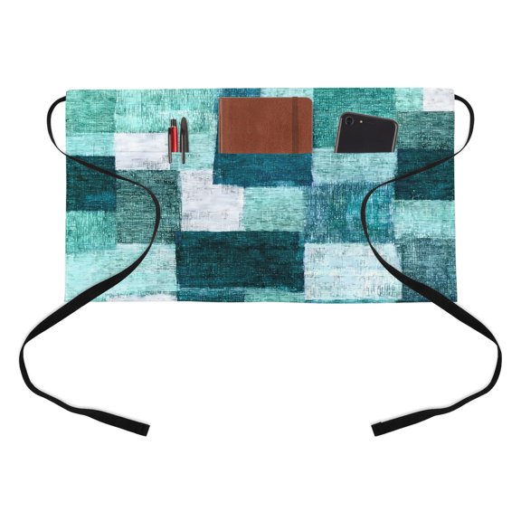 Turquoise Patchwork Kitchen Restaurant Half Waist Apron, Modern Abstract Green Patchwork Server Short Apron with 3 Pockets Waterproof Oil Waist Aprons for Women Waitress Waiter