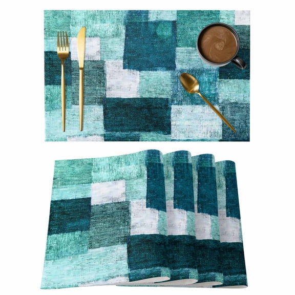 Turquoise Patchwork Placemats Set of 12 Modern Simple Abstract Geometric Boho Place Mats Indoor Wipeable Table Mats Washable Dining Table Placemats for Kitchen Holiday Party Home Decor 13x19 Inch