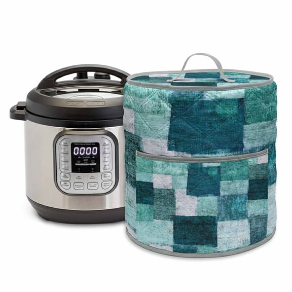 Turquoise Patchwork Pressure Cooker Cover Modern Abstract Green Patchwork Dust Cover for Kitchen Appliances with Top Handle & Storage Pockets, Fits 6 Quart Instant Pot, Air Fryer, Crock Pot