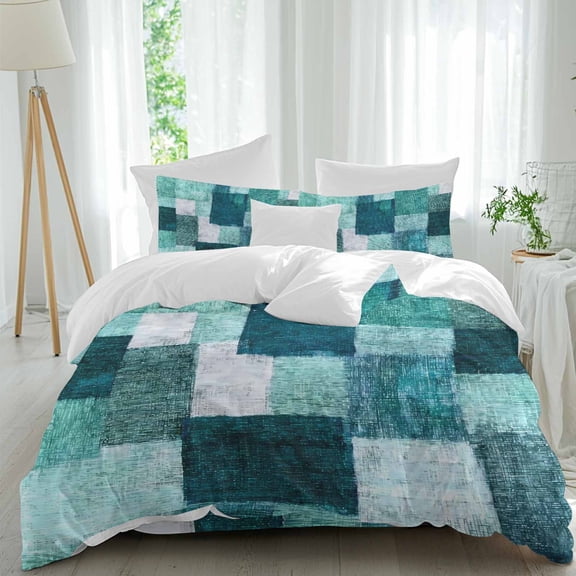 Turquoise Patchwork Queen Duvet Cover Set, Modern Abstract Green Patchwork 4 Piece Microfiber Bedding Set with Zipper Closure, Bed Sheet and 2 Pillow Shams, Soft Bedding Cover