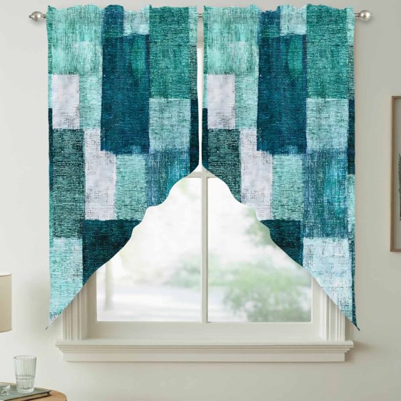 Turquoise Patchwork Swag Kitchen Curtain Valances, Modern Abstract Green Patchwork Rod Pocket Curtains Window Treatment Decor Valances for Bedroom Bathroom, 2 Panels 36 x 63 Inch