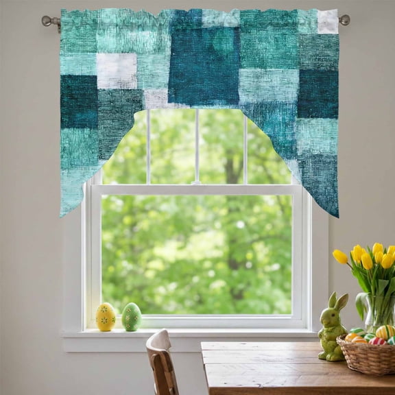 Turquoise Patchwork Swag Valances for Kitchen Window, Modern Abstract Green Patchwork Small Swag Valances Rod Pocket Curtain Drapes Window Treatment for Bedroom Bathroom, 56x36 Inch