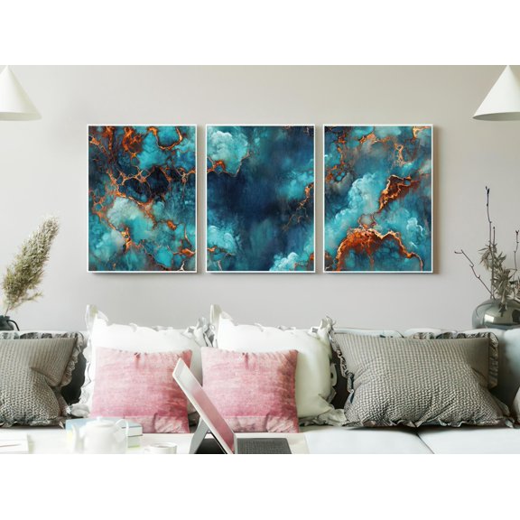 Turquoise Patina Weathered Copper Texture Triptych Modern Gallery Set For Decorative Wall Art Poster, , Poster Only