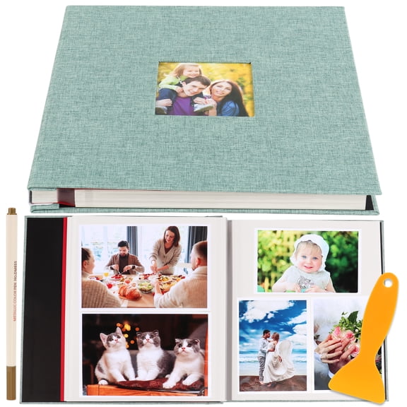 Turquoise Photo Album Self Adhesive 60 Pages, 11x10.6" DIY Scrapbook Album with Scraper and Metallic Pen, Linen Cover with Picture Display Window, Photo Albums for 4x6 5x7 8x10 Pictures for Gift