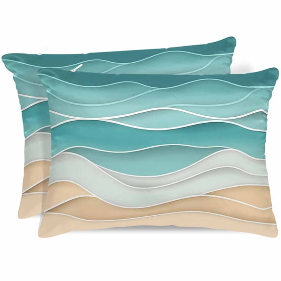 Turquoise Pillow Cases Standard Size Set of 2, Smooth Satin Pillowcase for Hair and Skin, Ocean Wave Stripes Modern Abstract Beach Decorative Cooling Bed Pillow Covers with Zipper, 20x26 Inches
